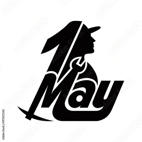 Black and white graphic logo for 1 may international workers day featuring a worker silhouette and tools Vector, illustration