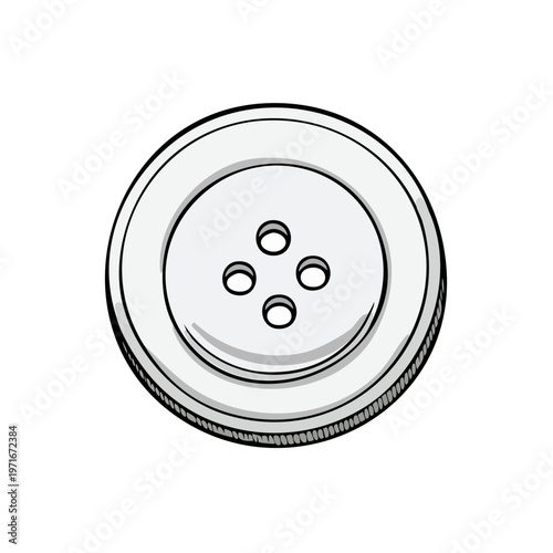 Simple flat white circular button with four holes and raised edge, illustrated on plain background