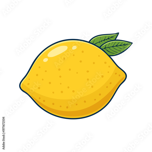 Vibrant yellow cartoon lemon with green leaves and dotted texture