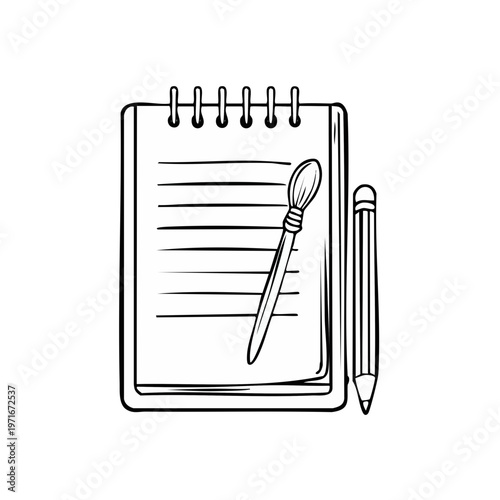 Hand drawn artist's sketchbook with brush and pencil sketch outline illustration