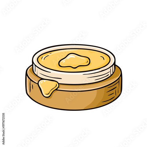 Jar of yellow cream or ointment with a dollop on top and dripping down the side, cartoon style
