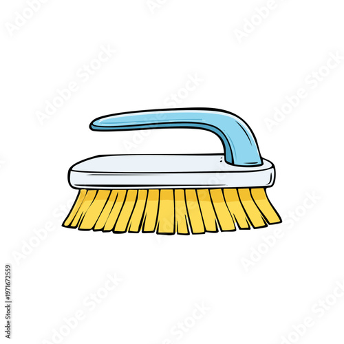 Cartoon scrubbing brush with yellow bristles and blue handle for cleaning tasks