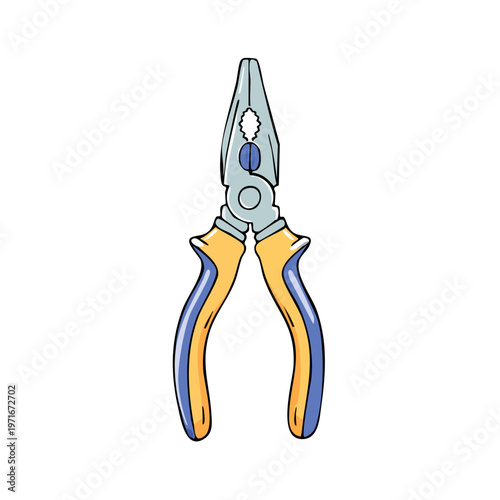 Handheld combination pliers with yellow and blue grips isolated on white