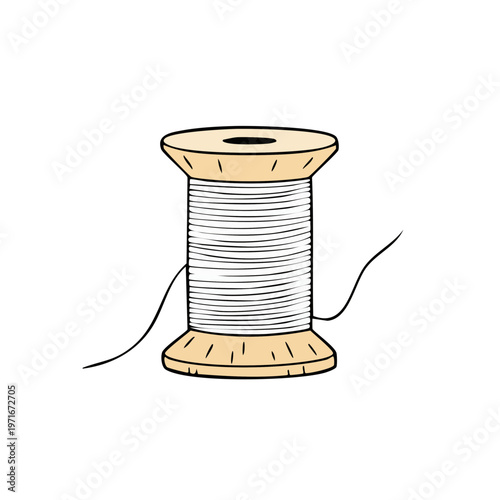 Hand Drawn Illustration of a Wooden Spool Wound Tightly With White Thread Showing Tail End