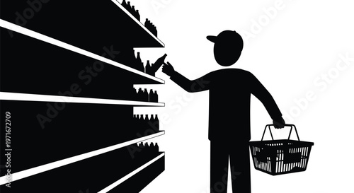 Vector graphic illustration of a person reaching for a bottle on a supermarket shelf