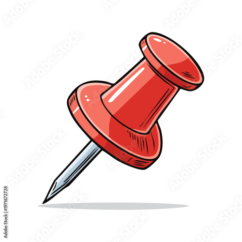 Red pushpin with sharp metal point and glossy round head for attaching papers