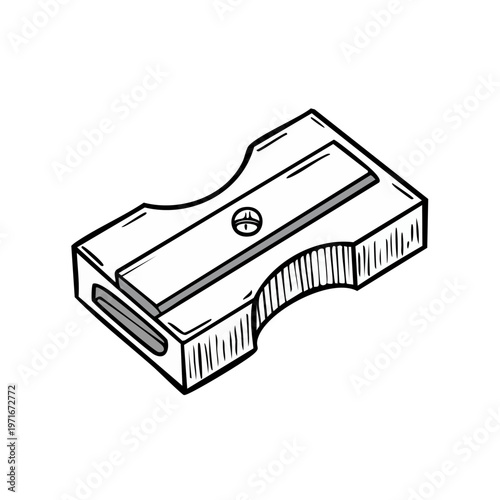Hand-drawn illustration of a metal pencil sharpener with a screw, a common school supply.