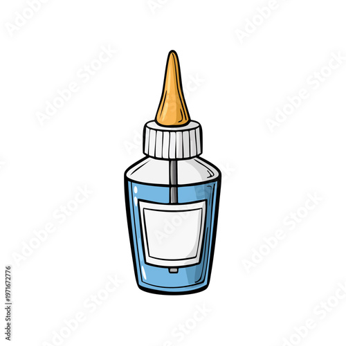 Cartoon illustration of a blue liquid glue bottle with a yellow applicator tip and a blank label for text