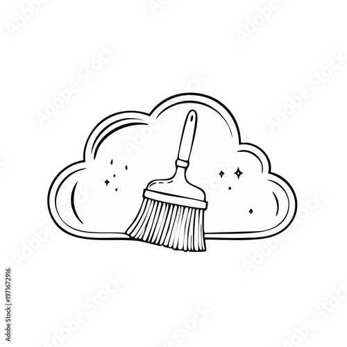 Hand drawn outline of a cleaning brush sweeping away sparkles inside a cloud shape