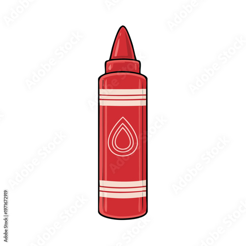 Bright red crayon with white stripes and a simple droplet symbol illustration