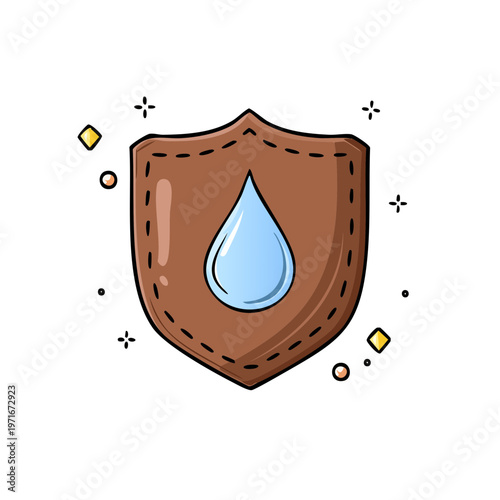 Waterproof Shield Icon with Blue Droplet and Sparkle Embellishments