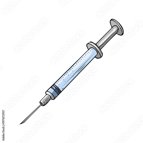 Medical syringe with needle filled with clear liquid and measurement markings