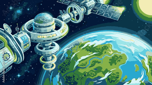 Space station orbiting earth with satellite in outer space futuristic technology and exploration concept
