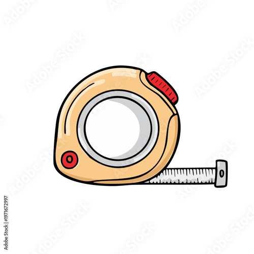 Close up of a tan and red retractable tape measure tool with metal tape extended