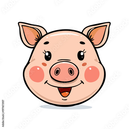 Cute cartoon pig face with rosy cheeks and happy expression, isolated illustration