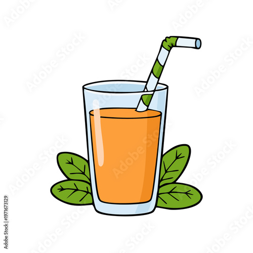 Refreshing Orange Juice in a Tall Glass with Green Leaves and a Striped Straw