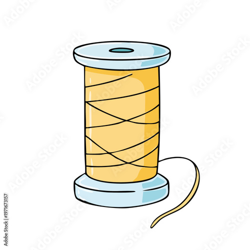 Yellow thread wound on a spool with a loose end, isolated illustration