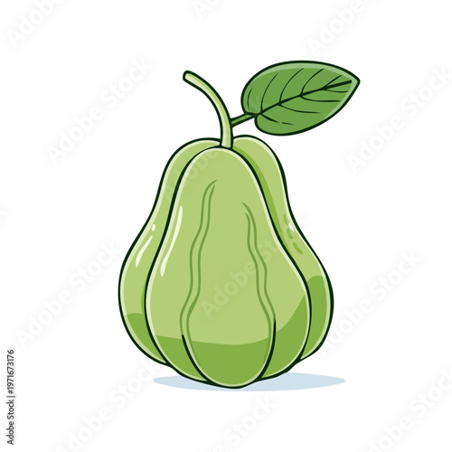 Simple cartoon illustration of a green pear with a leaf and stem