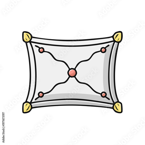 Decorative patterned flat cushion with ornate corners and stitched details