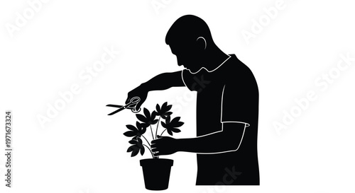 Vector graphic illustration of a person pruning a potted plant with scissors, showcasing home gardening care.