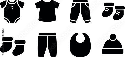 Collection of black baby clothing icons including bodysuit shirt pants socks bib and hat