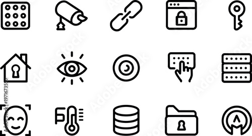 Collection of security and technology related line icons isolated on transparent background
