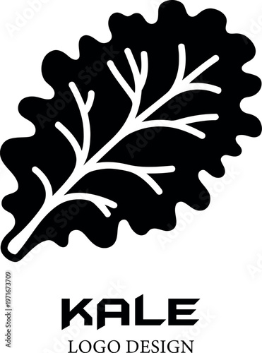 Stylized black and white graphic illustration of a kale leaf with the word kale and logo design underneath