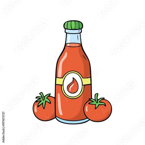 Hand-drawn illustration of a glass bottle filled with red sauce next to two fresh tomatoes
