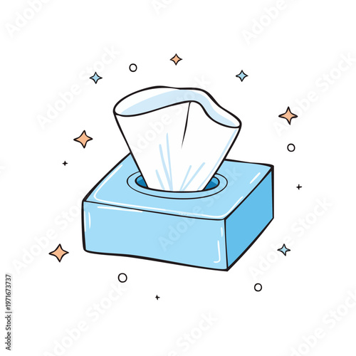 Cleanliness and Freshness Illustrated by a Blue Tissue Box with Sparkling Accents