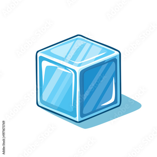 Clear blue transparent ice cube with reflective highlights and shadow