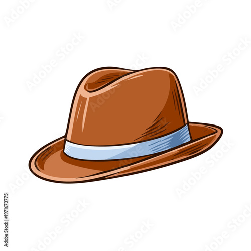 Classic brown fedora hat with a light blue ribbon band and shadow detail