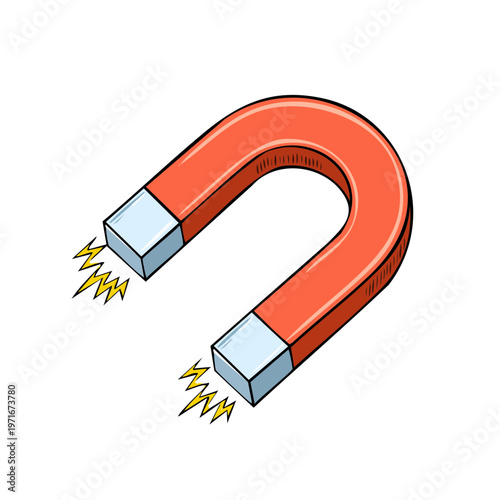 Red Horseshoe Magnet with Yellow Magnetic Field Lines Illustration