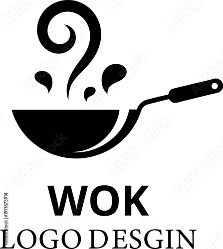 Stylized black wok with steam and splashes on transparent background representing culinary arts