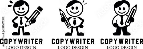Three cartoon figures of a man holding a pencil representing copywriting services and logo design