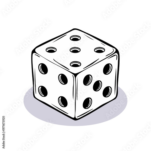 Single white die with black pips casting a subtle shadow in a minimalist illustration