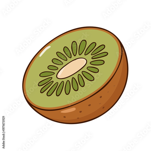 Hand drawn cartoon illustration of a sliced kiwi fruit showing its green flesh and seeds