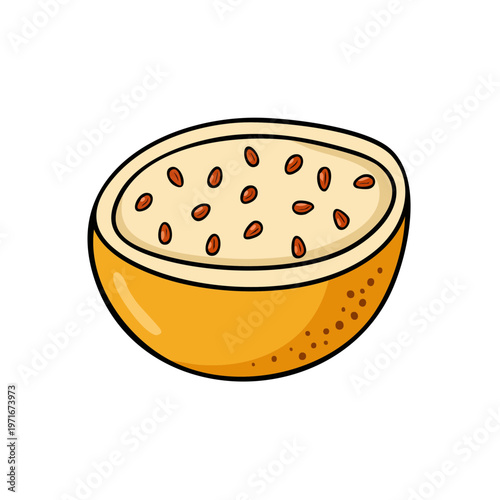 Vibrant yellow passion fruit cut in half revealing edible seeds and pulp