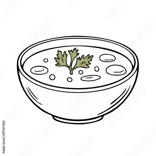 Hand drawn illustration of a steaming bowl of soup garnished with fresh herbs and floating dumplings