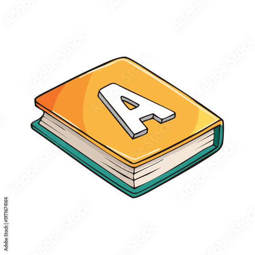 Stylized book with letter A on cover representing learning and education