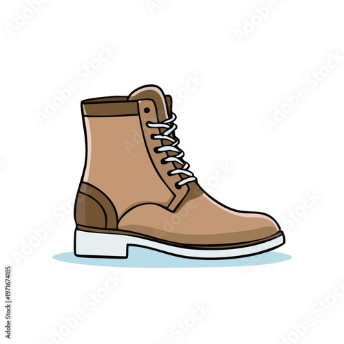 Brown leather work boot with white laces and a white sole and heel on a light blue surface
