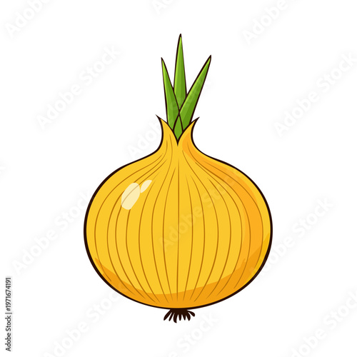 Yellow onion with green sprouts illustration, simple cartoon style, isolated graphic element