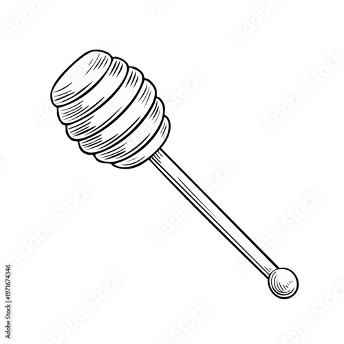 Hand-drawn sketch of a wooden honey dipper stick with grooves for collecting honey.