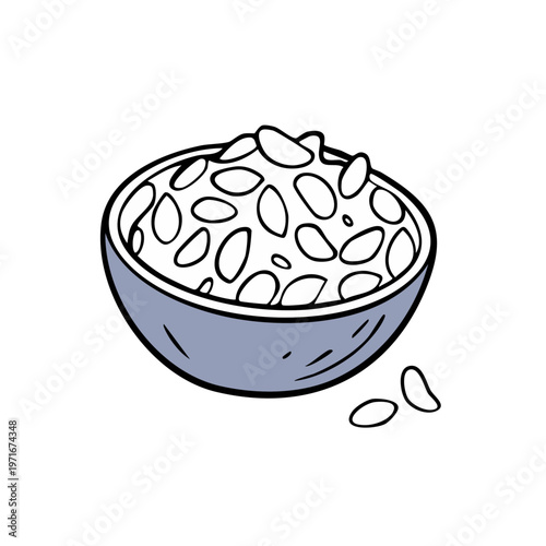 Hand drawn illustration of a bowl filled with scattered white beans and a few loose beans nearby