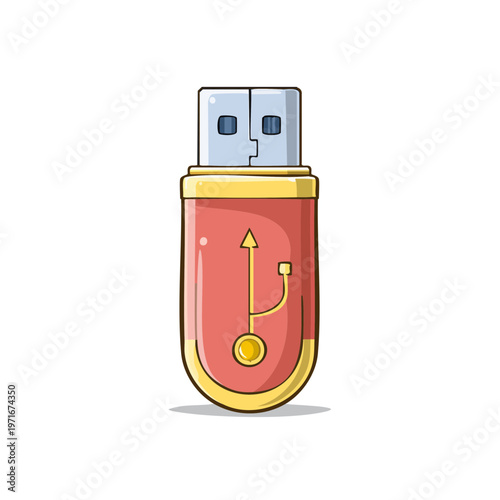 Stylized illustration of a red and gold USB flash drive with a charging icon on its surface