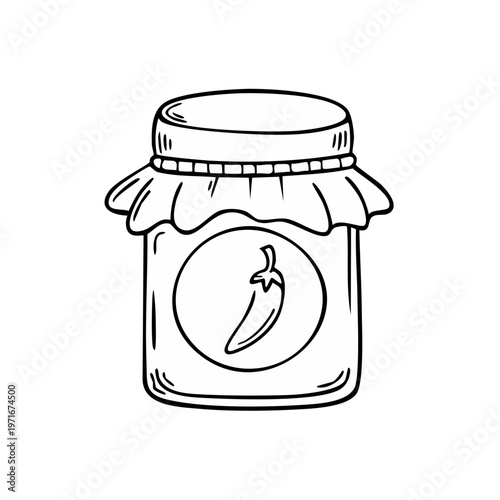 Hand-drawn illustration of a jar of chili sauce with a chili pepper label