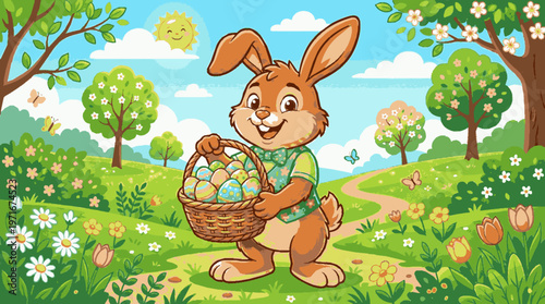Smiling easter bunny holding colorful eggs in basket on sunny spring day with blooming flowers and trees