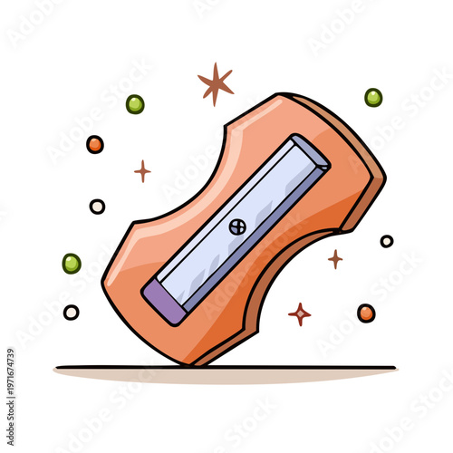 Whimsical Orange Pencil Sharpener with Sparkles and Colorful Dots Cartoon Illustration