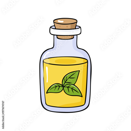 Hand-drawn cartoon bottle of yellow oil infused with green basil leaves and a cork stopper