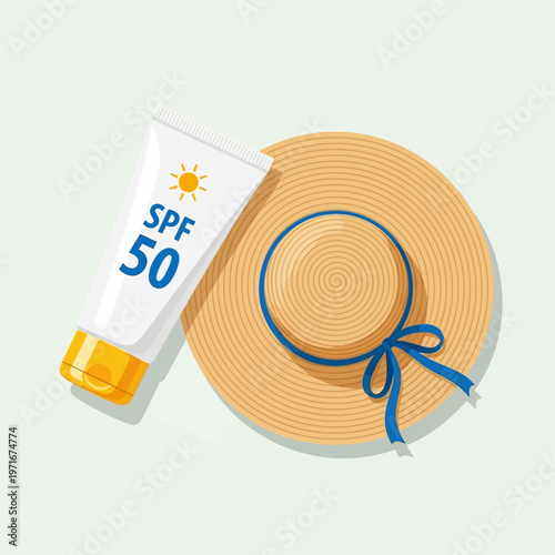 Sunscreen Tube and Summer Beach Hat.