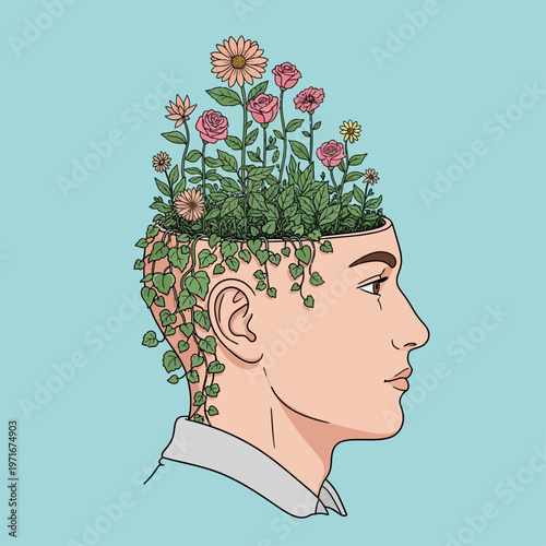 Man with Flowers and Greenery on Head.